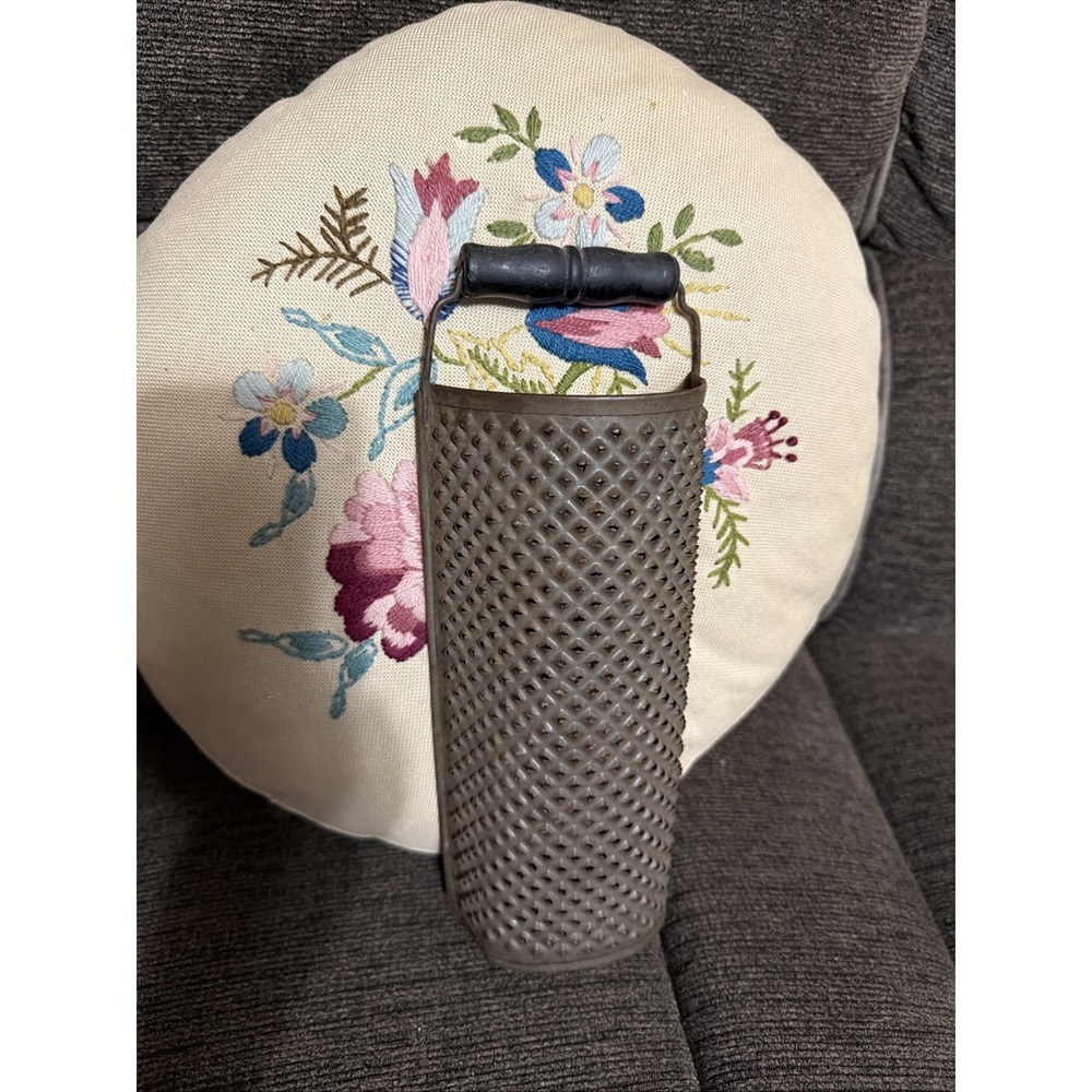 Primitive Punched Tin Kitchen Grater Half Round Wood Handle Farmhouse 1900's